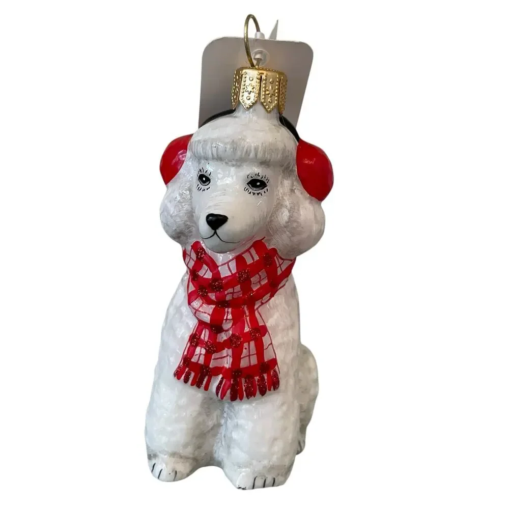 Neiman Marcus White Poodle Wearing Red Scarf & Earmuffs Christmas Ornament NEW